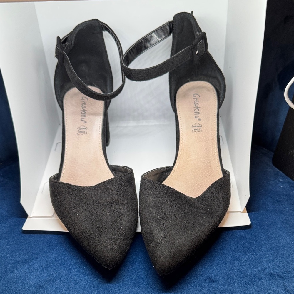 Greatonu Black Suede Ankle Strap Heels